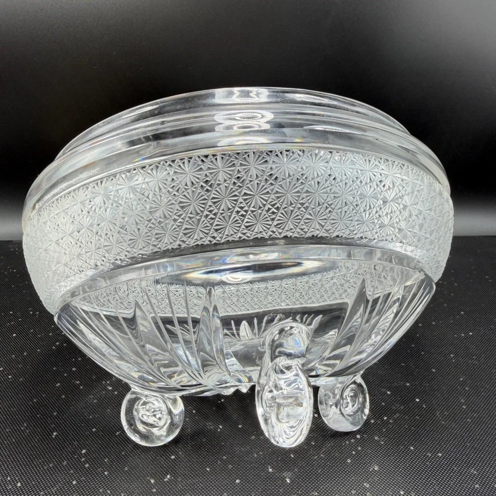 Signed Heavy Clear Crystal‎ Footed Bowl Etched Starburst Pattern Vintage Decor